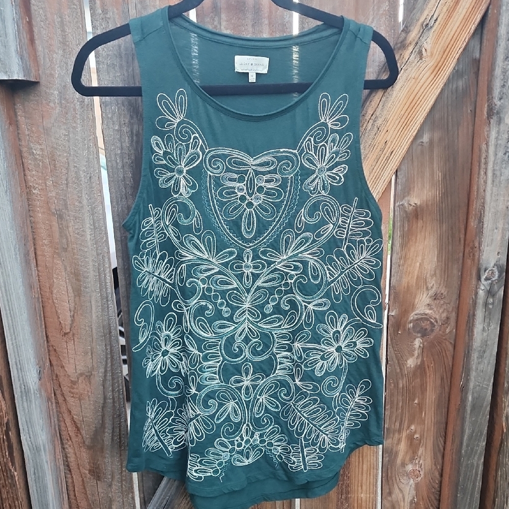 New Lucky Brand Hunter Green Embroidered Sleeveless Top, NWOT